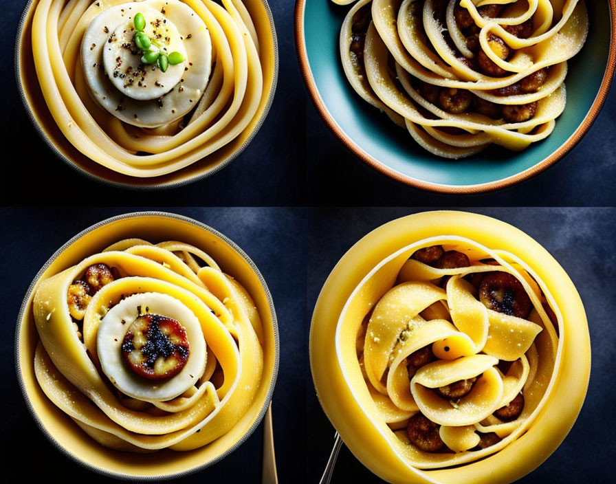 Artfully arranged pasta plates with creamy sauces and meatball toppings