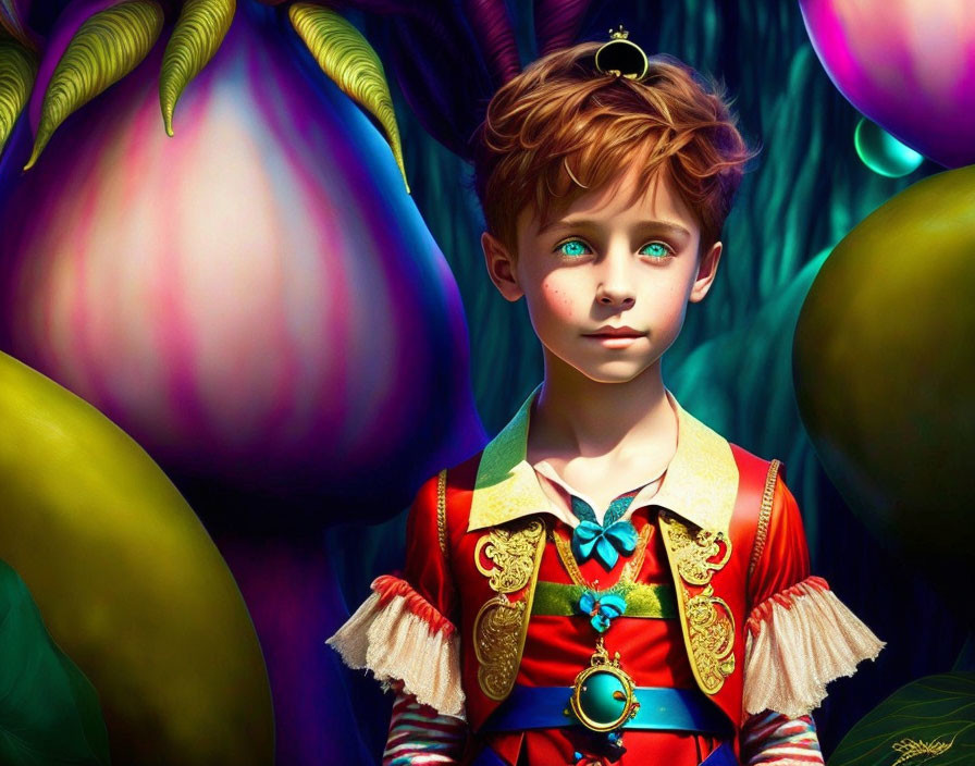 Vivid digital artwork: boy with blue eyes & red hair in ornate outfit amidst fantastical flora