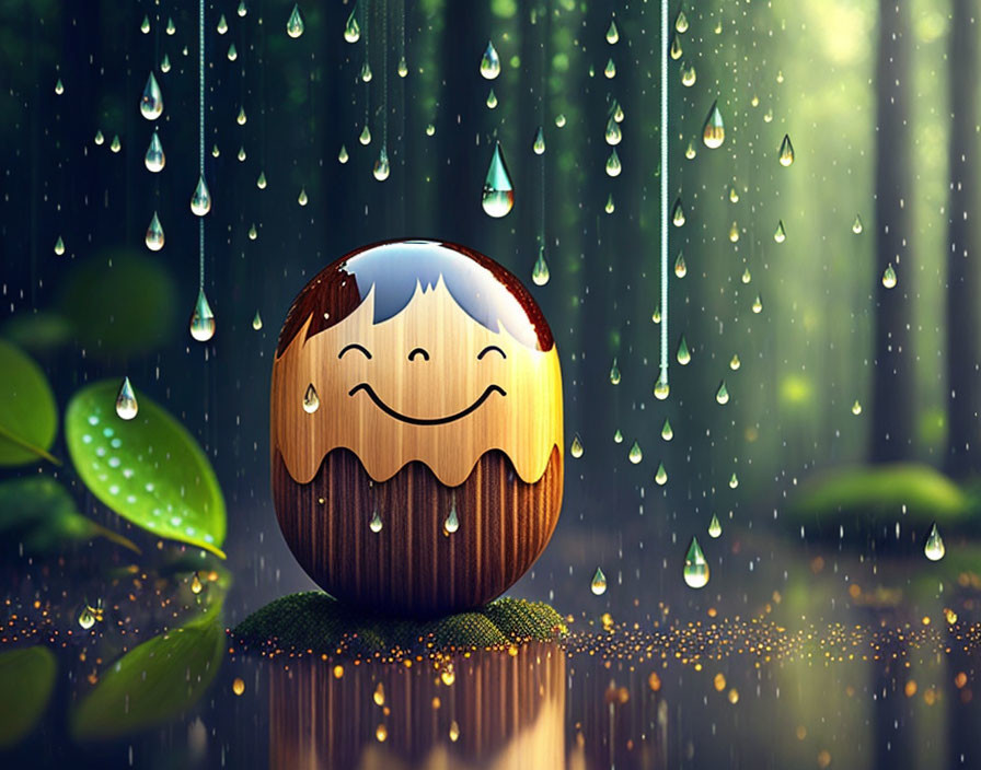 Spherical wooden emoji-like character in rainy forest setting