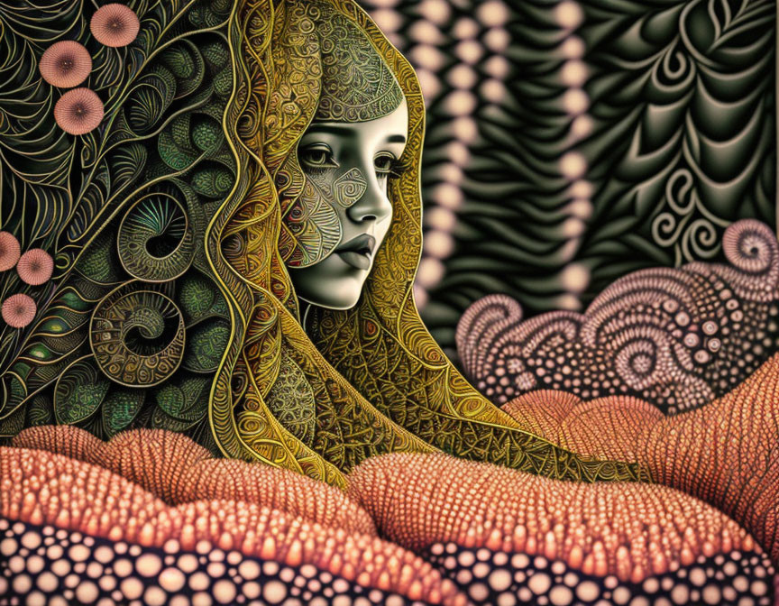 Psychedelic digital art: Woman with patterned skin and shawl amid intricate designs