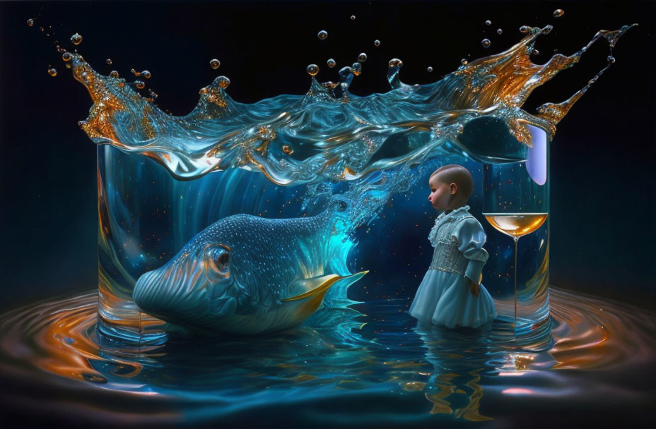 Surreal image of child, glass of water, fish, and liquid splashes on dark background