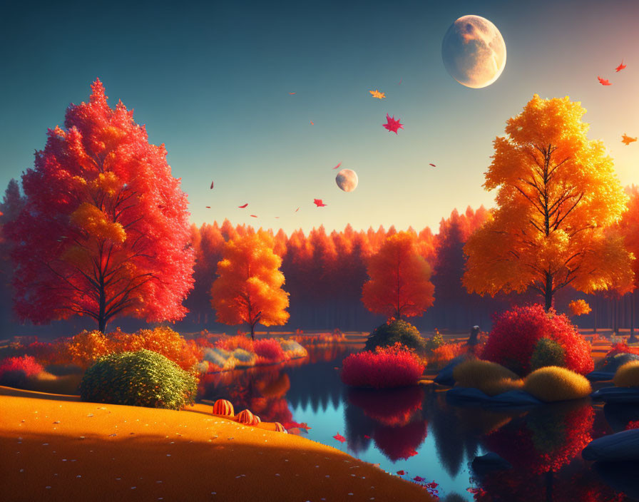 Serene Autumn Landscape with Vibrant Foliage and Two Moons