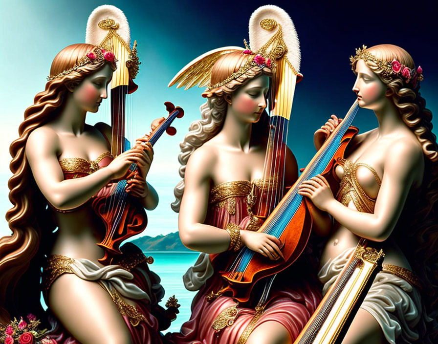 Three elegantly adorned female figures playing musical instruments by the coast