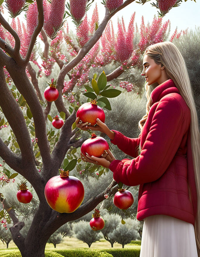 Woman in Red Jacket Harvesting Large Red Fruit in Garden with Pink Blossomed Trees