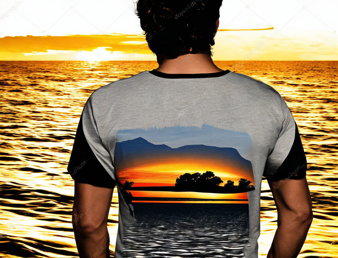 Person wearing t-shirt with sunset horizon print