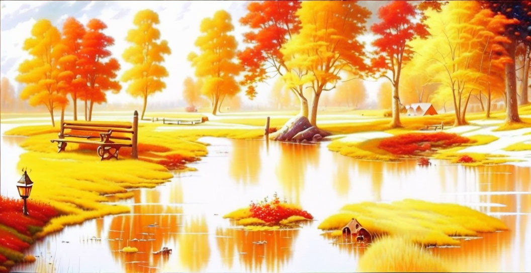 Tranquil autumn scene with golden trees, lake, bench, cart, and tents