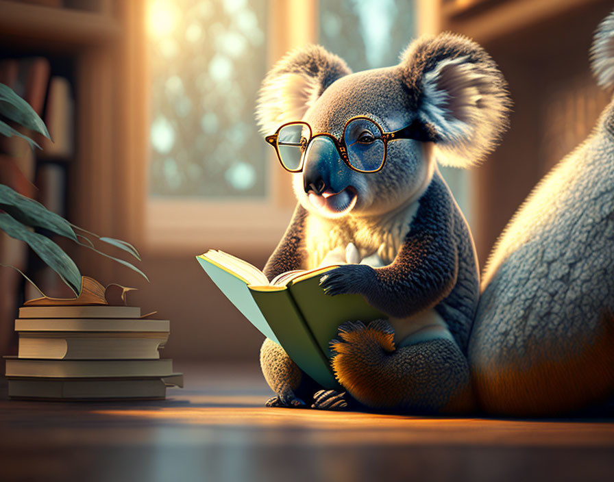 Anthropomorphic koala with glasses reading book in cozy room