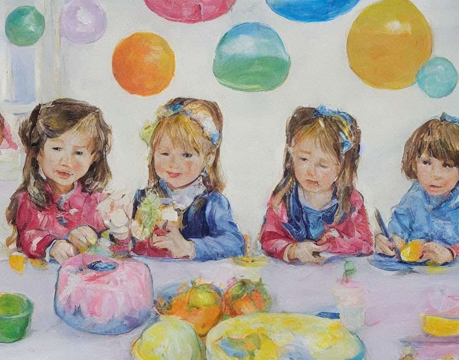 Children crafting and painting at colorful balloon-themed table