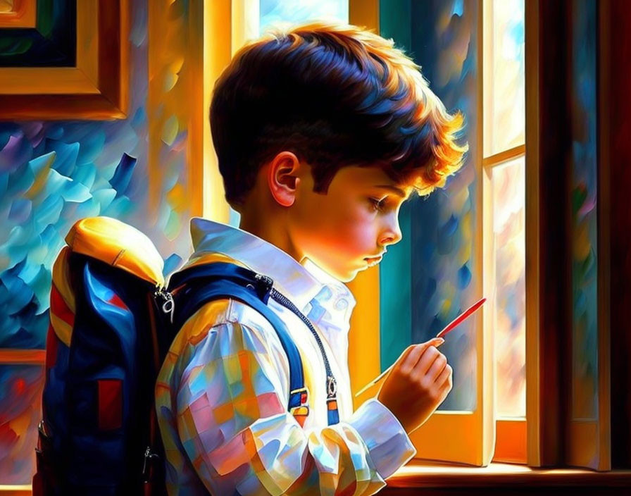 Young boy with backpack contemplates pencil by colorful window