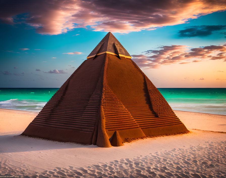 Intricate sand pyramid sculpture on beach at sunset