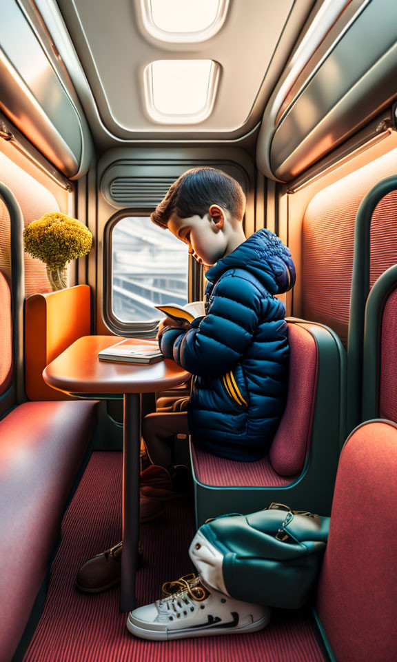 Child in Blue Jacket Reading Book in Train Compartment with Warm Lighting