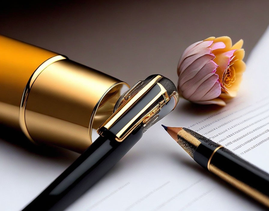 Luxurious Gold and Black Fountain Pen with Pink Flower and Pencil