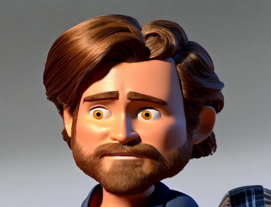 Male 3D animated character with bold eyebrows, beard, and brown hair showing concern.