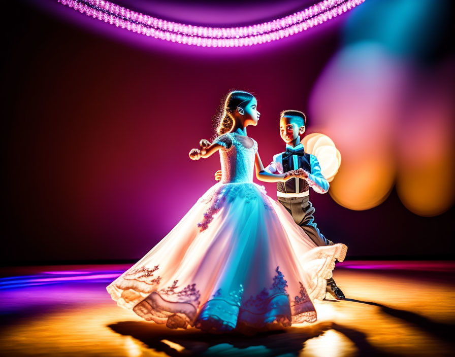 Dancing Couple Dolls Under Romantic Stage Lighting