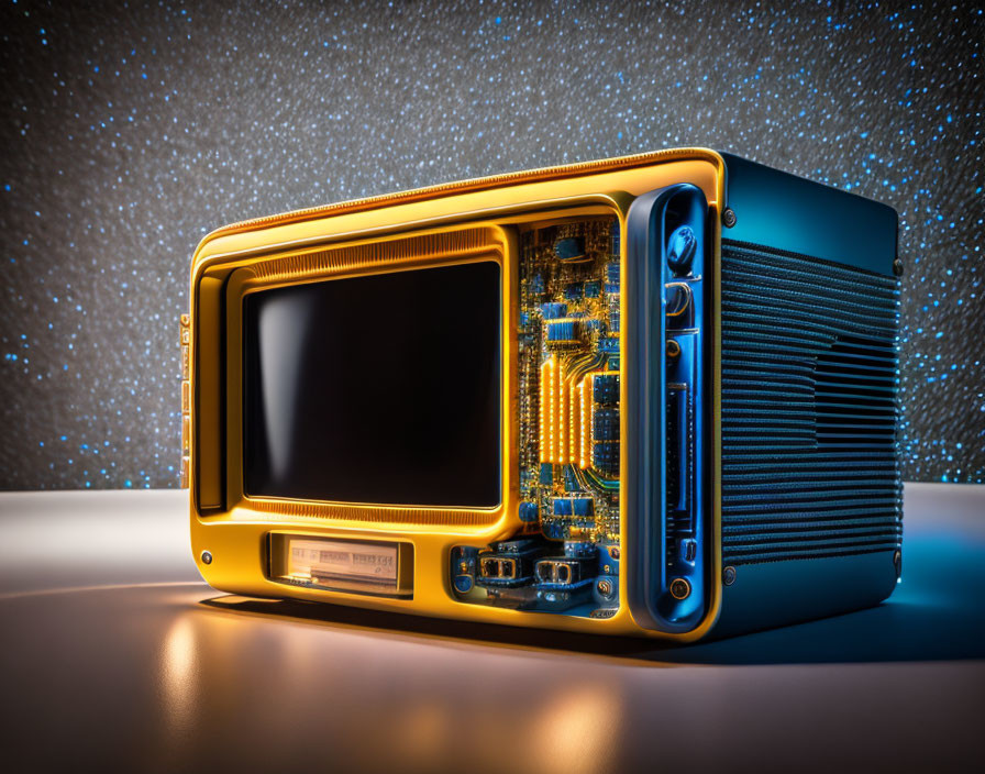 Vintage-style Television with Transparent Side and Gold Trim on Starry Background