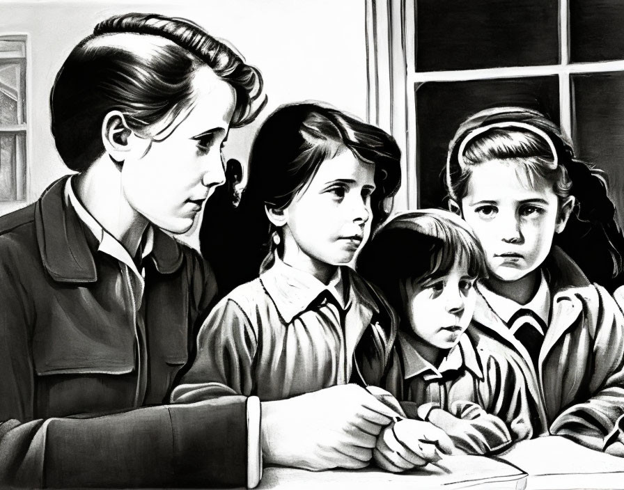 Monochrome drawing of four children looking right with concern or curiosity