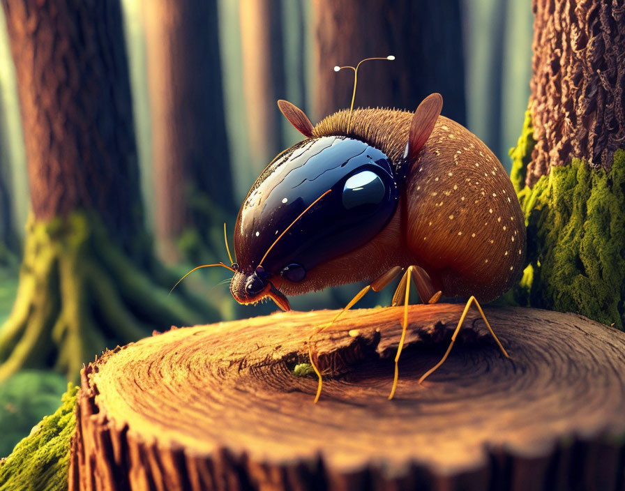 Detailed 3D rendering: Stylized beetle on tree stump in forest