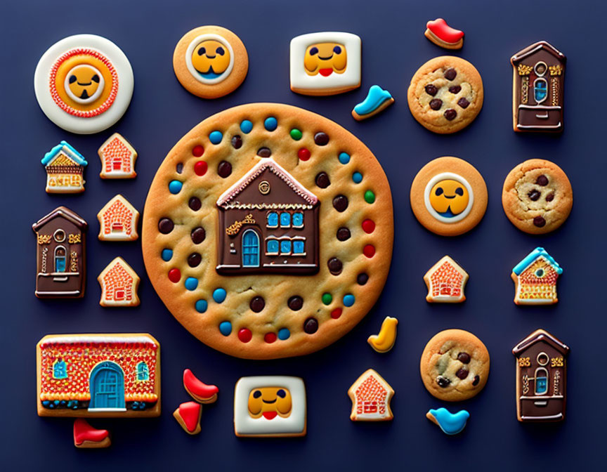 Assorted decorated cookies: smiley faces, houses, emoji designs on dark background