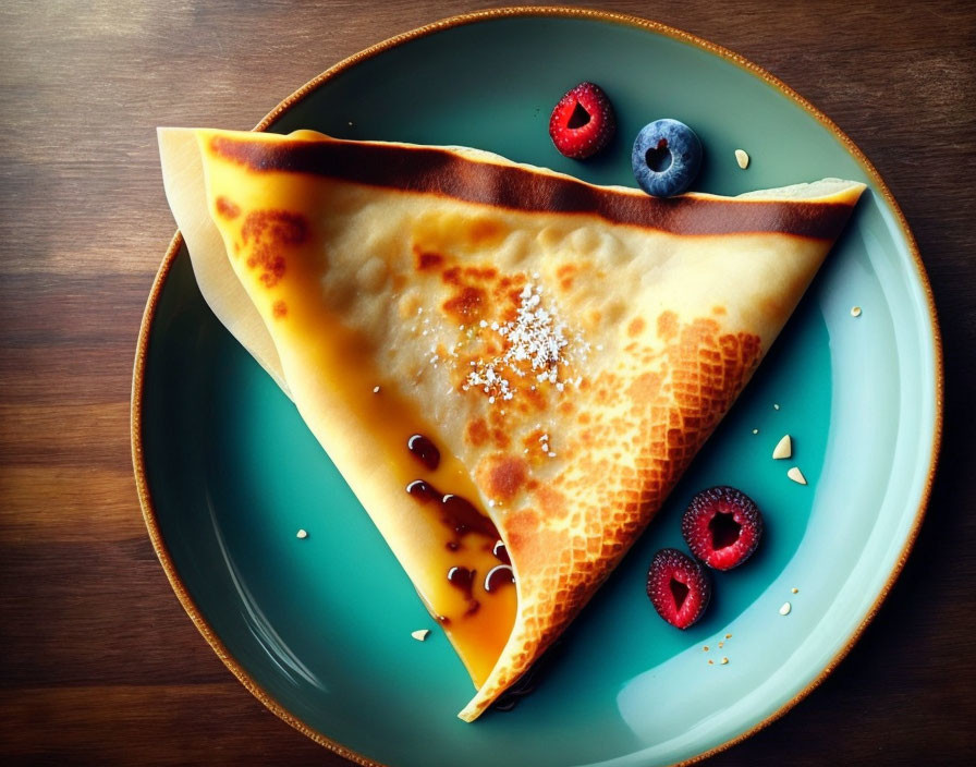 Golden-brown crepe with strawberries, blueberries, syrup, and powdered sugar on teal plate