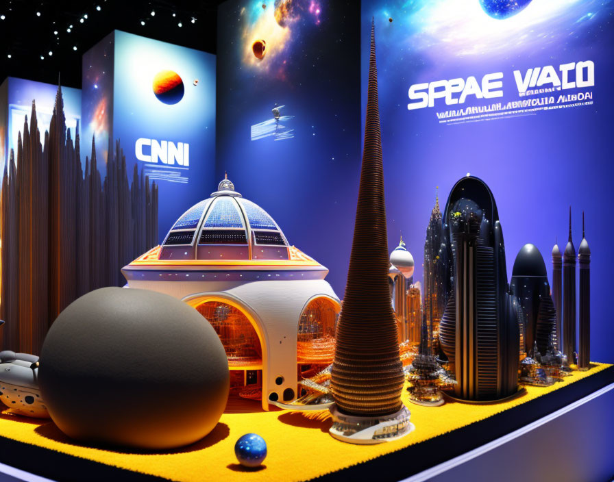 Futuristic space exhibition with domed habitats, towers, rockets on yellow platform