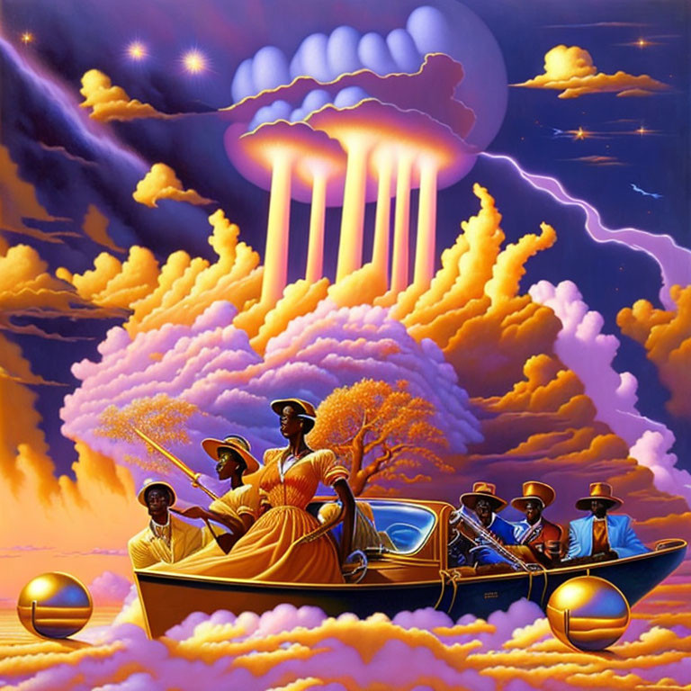 Surreal painting of African figures in classic car amidst golden clouds