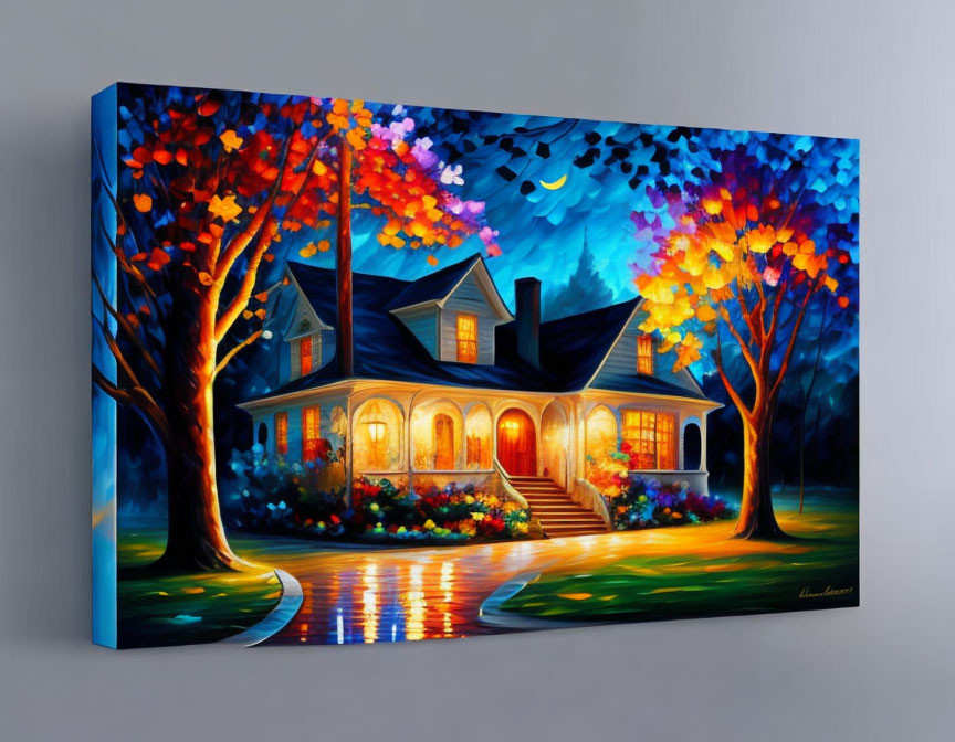 Colorful autumn scene with illuminated house windows at twilight