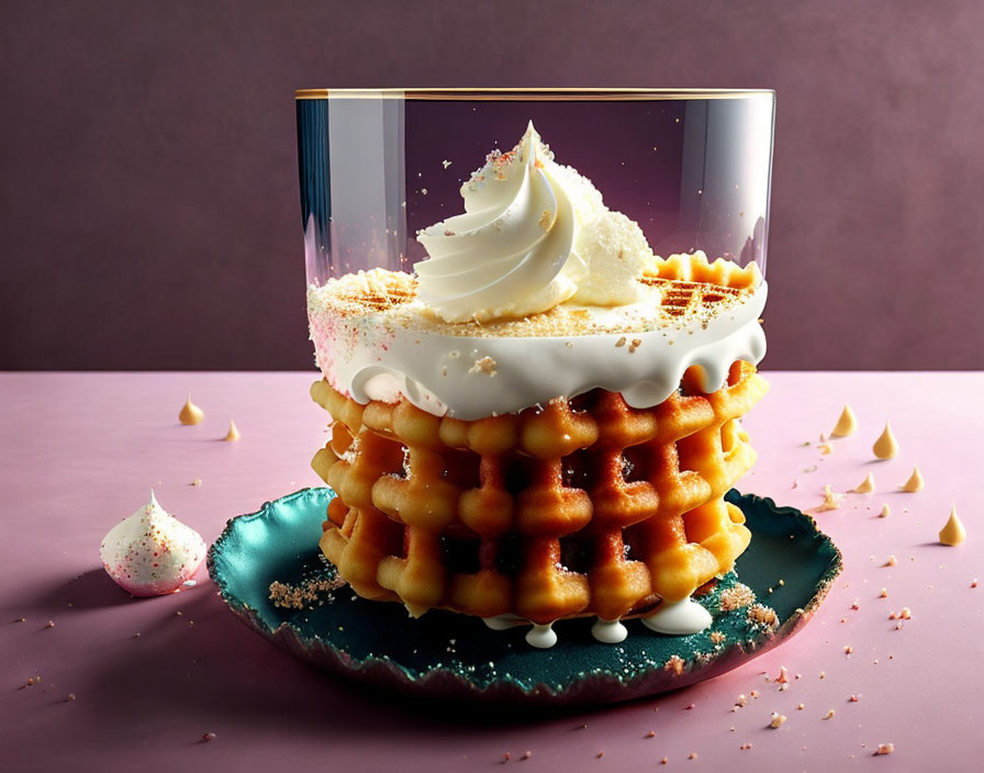 Waffles with Whipped Cream on Teal Plate Purple Background