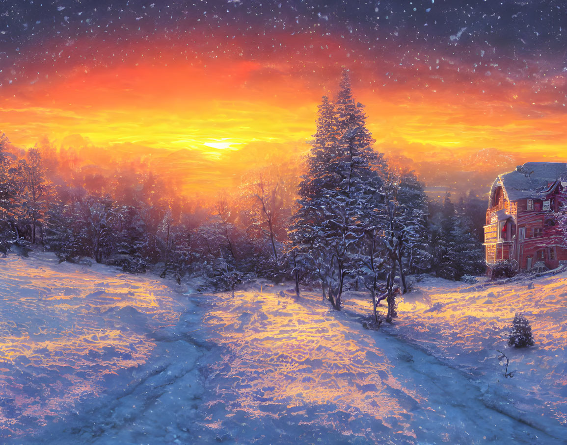 Snowy Sunset Scene: Red-roofed House, Pine Trees, Orange Sky