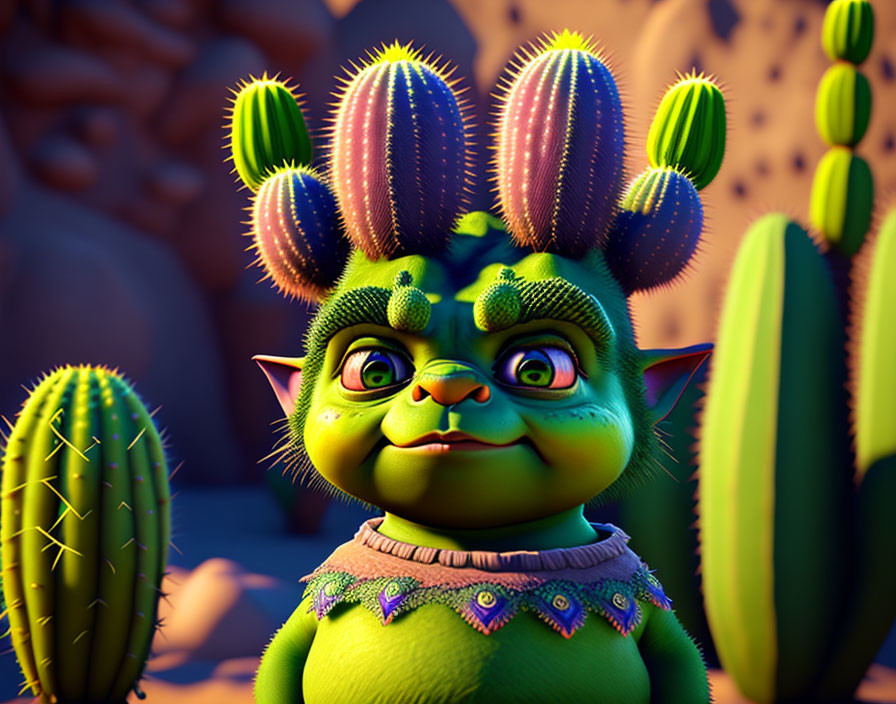 Colorful 3D animated cactus character in desert setting