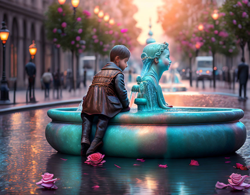 Child in vintage clothing by fountain at sunset with floating petals