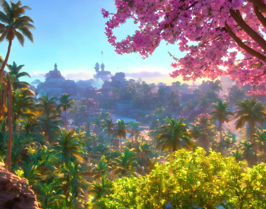 Lush Tropical Forest with Pink Blossoming Trees and Exotic Temple City