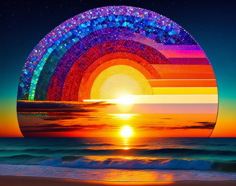 Colorful Rainbow Arc Over Sunset Beach Scene