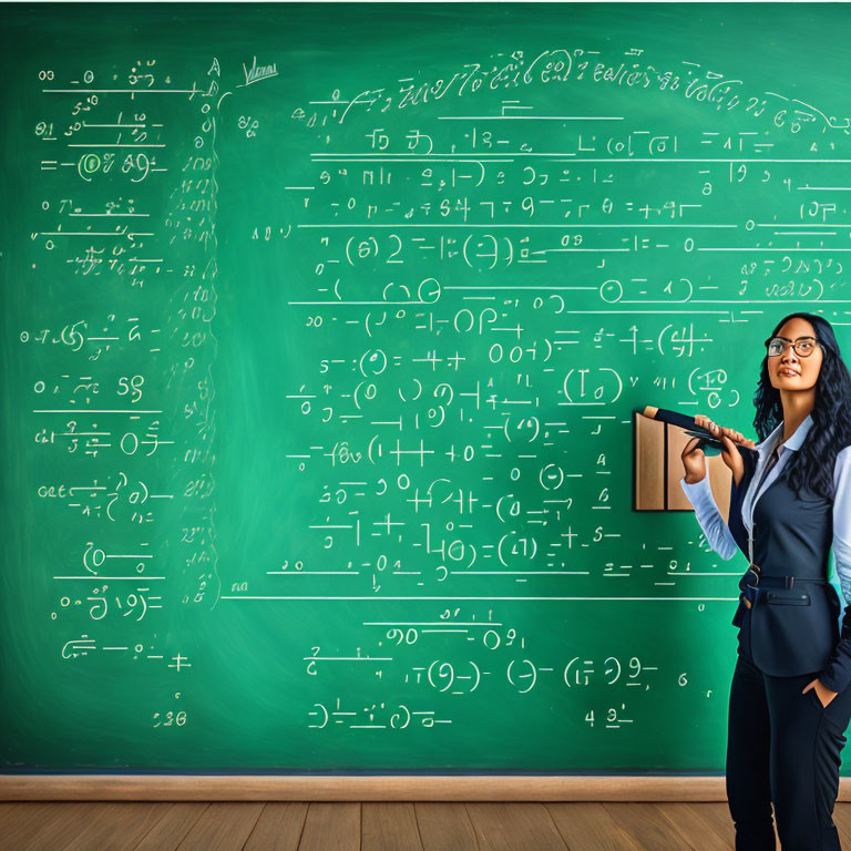 Businesswoman in glasses with mathematical chalkboard