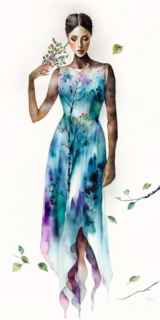 Woman in Flowy Dress Surrounded by Watercolor Florals and Leaves