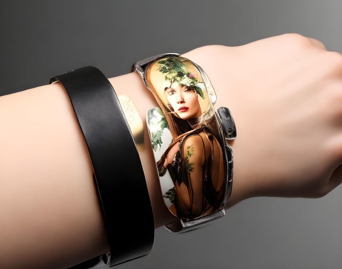 Wide Black Bracelet with Oval Woman Illustration - Nature Theme