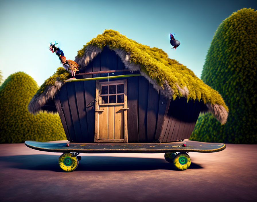 Wooden hut on skateboard with green roof, topiary bushes, birds.