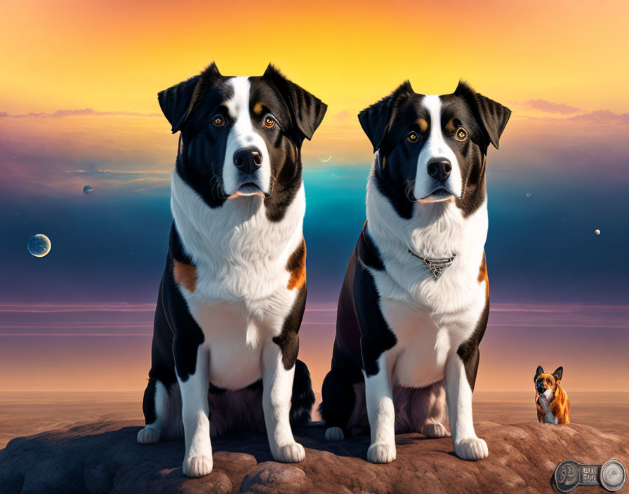 Majestic dogs on rocky surface with surreal sky backdrop