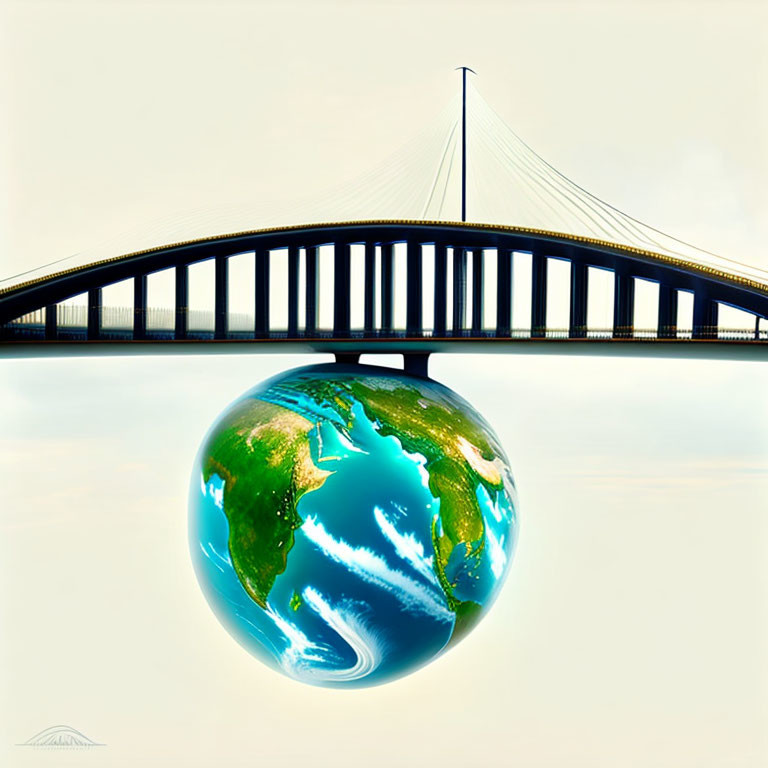 Surreal image of bridge over globe on light background