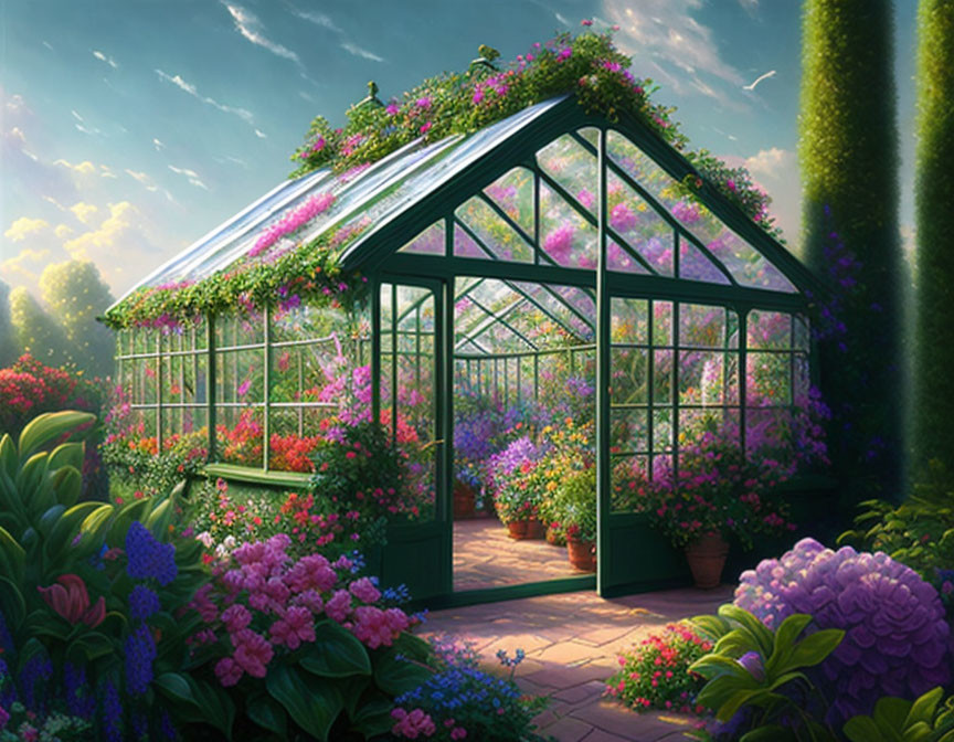 Greenhouse filled with thriving green vines and colorful flowers under warm sunlight