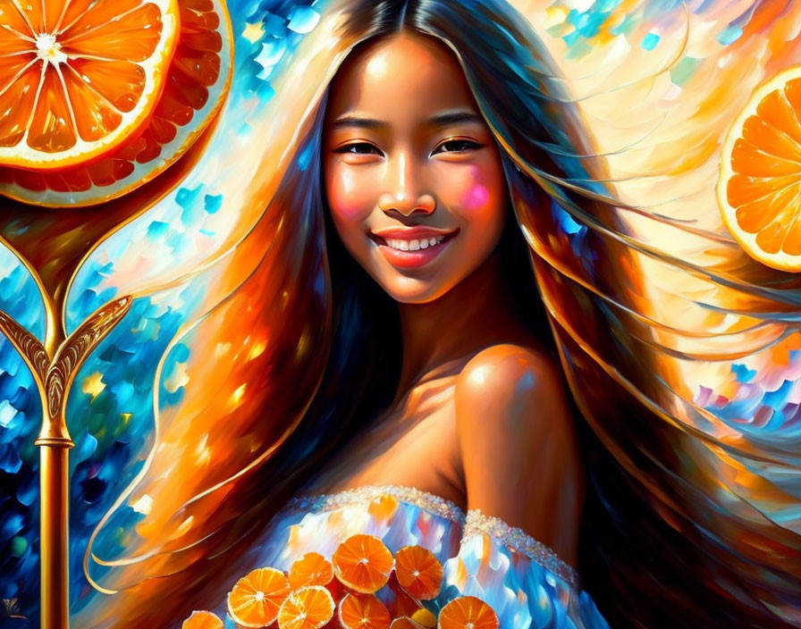 Colorful painting of smiling woman with citrus slices and flowers