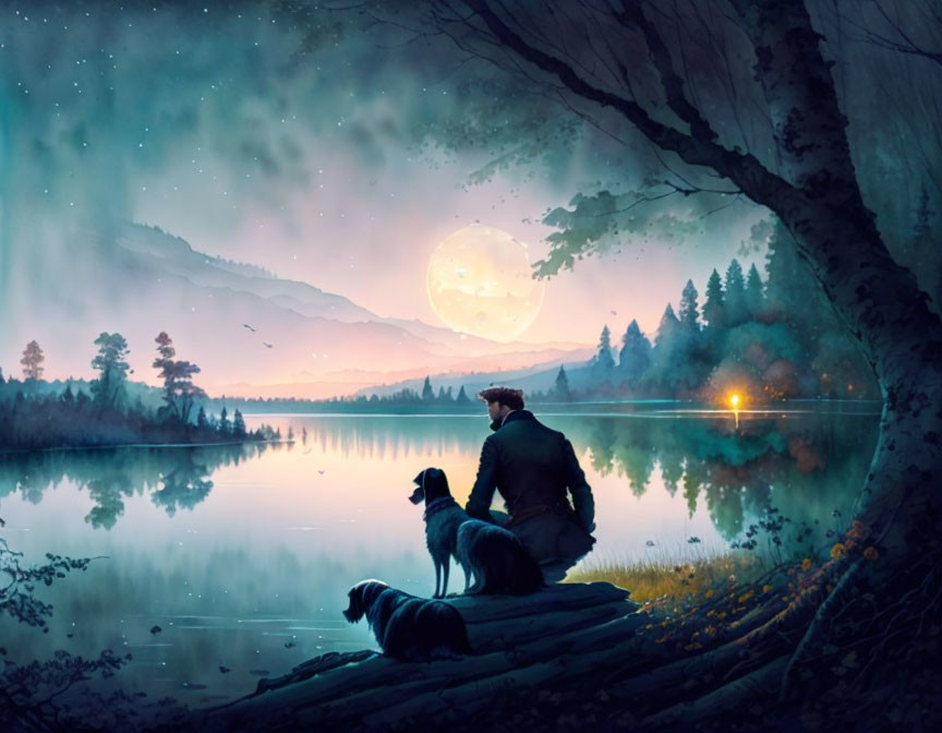 Person and dog by serene lake under starry sky with full moon and trees.