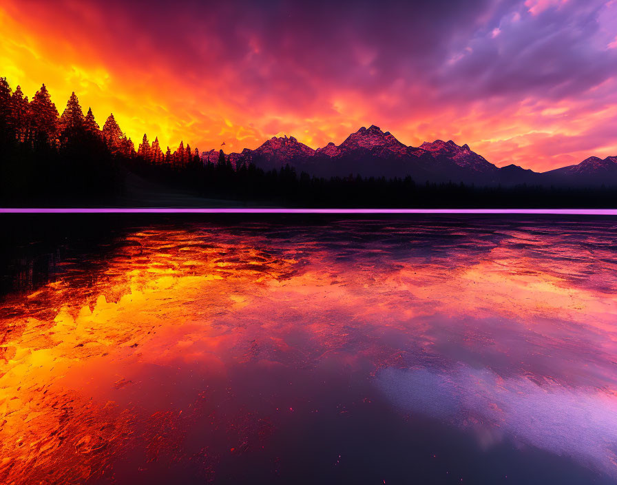 Fiery red and orange sunset over tranquil mountain lake