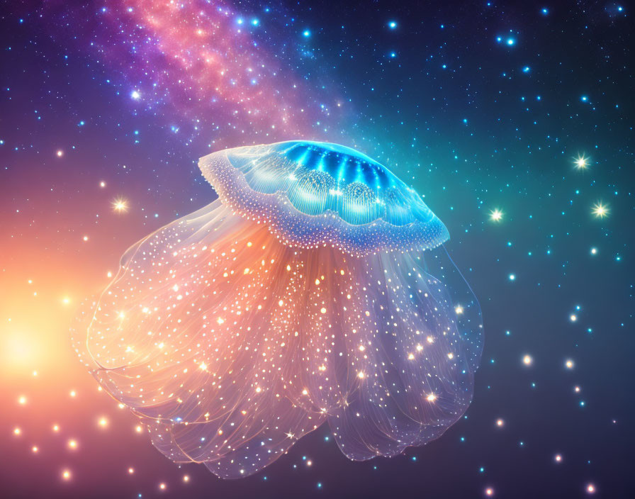 Bioluminescent jellyfish in cosmic starry background