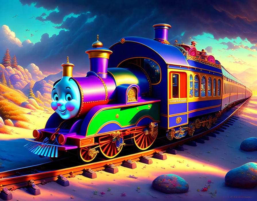 Colorful Cartoon Train in Fantasy Landscape at Sunset