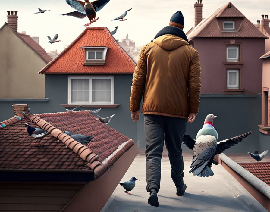 Person in winter jacket and beanie on rooftop with pigeons and terracotta-roofed houses