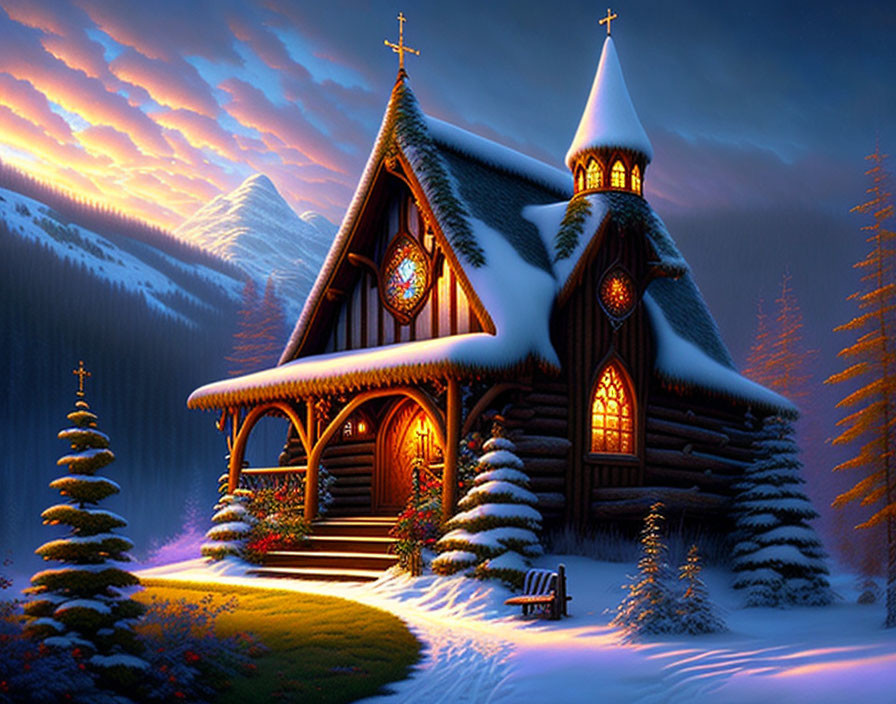 Snow-covered wooden chapel in serene winter landscape