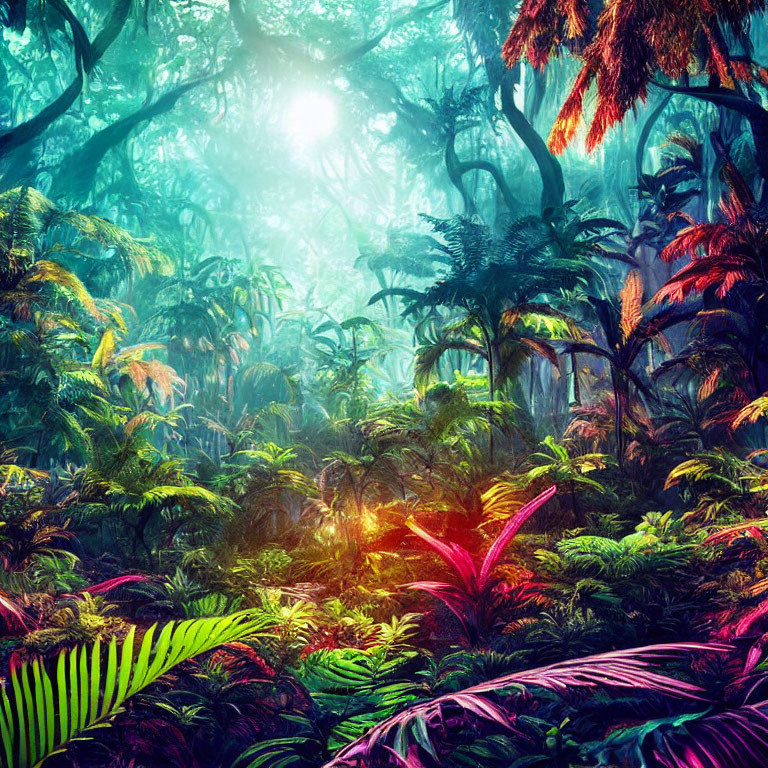 Lush Tropical Forest with Vibrant Greenery and Colorful Plants