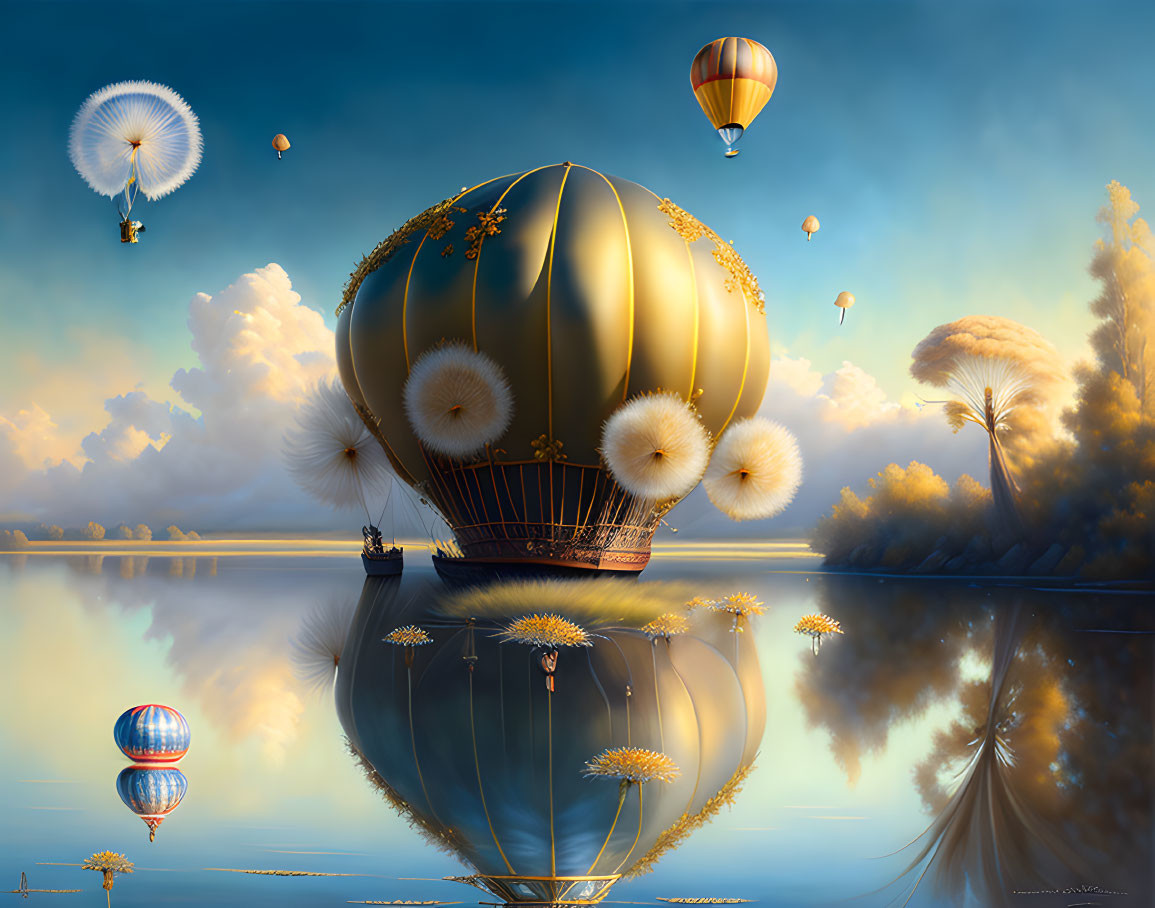 Hot Air Balloon and Dandelion Seeds Reflected in Golden Waters