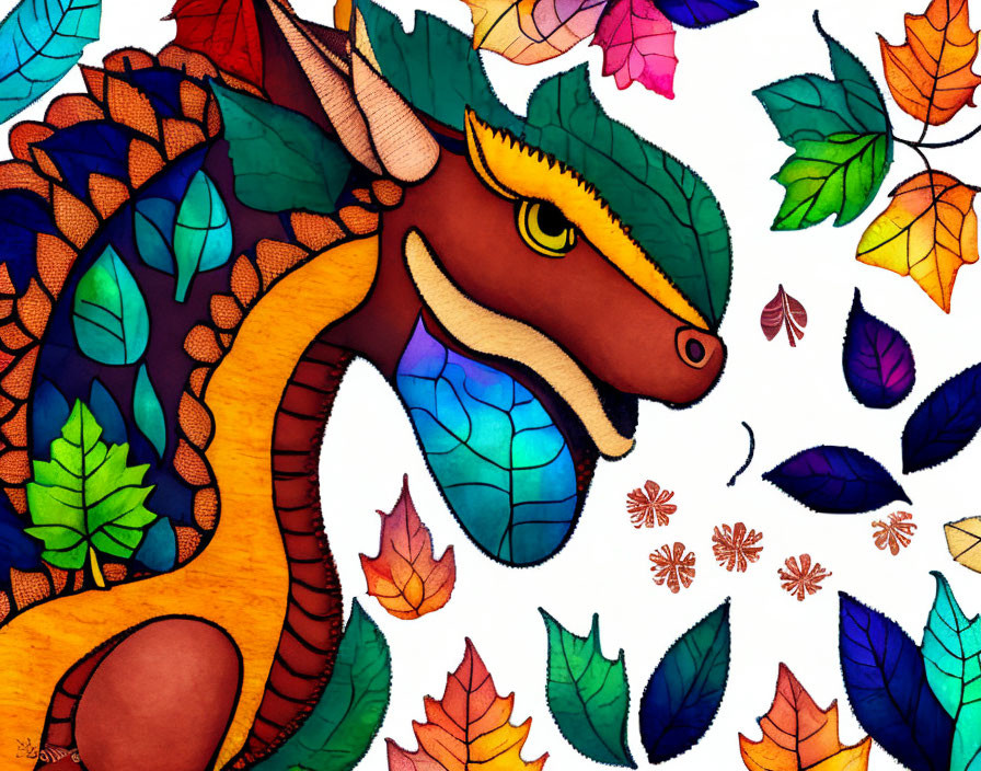 Colorful Stylized Dragon Among Vibrant Leaves in Warm Palette