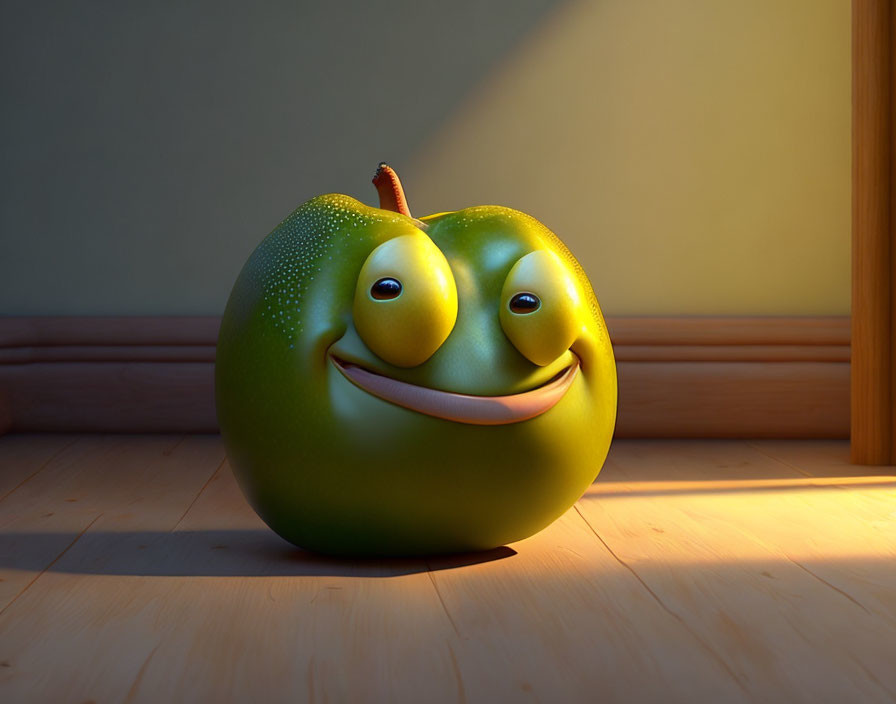 Smiling green apple 3D rendering in sunny room